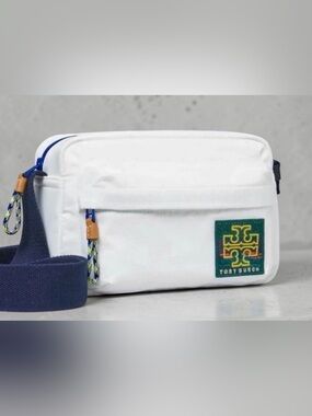 Tory Burch White Nylon Crossbody
Bag with Navy Strap and Green
Logo Patch